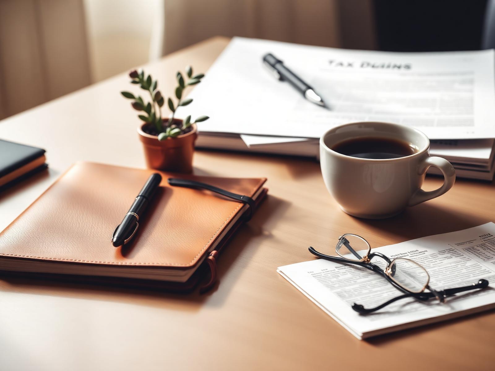A quiet advisor's desk with a leather notebook, pen, glasses, and tax documents