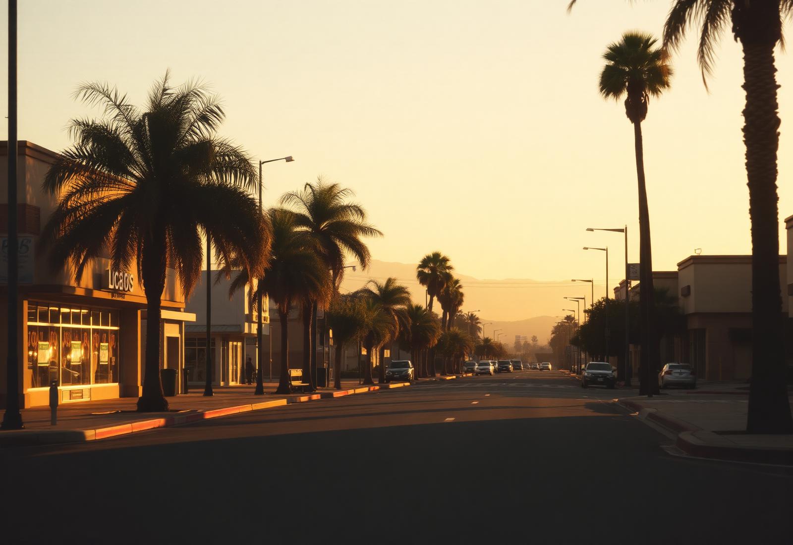 Palm-lined street in Diamond Bar, Southern California at golden hour